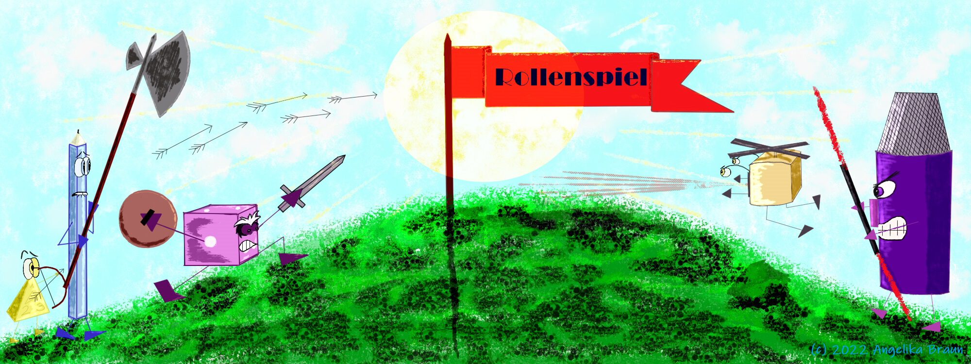 Ein Hügel mit einer roten Flagge, auf der "Rollenspiel" steht; von links stürmen ein W4, ein Stift und ein W6 bewaffnet mit Schwert, Schild und Bogen den Hügel, von Rechts kommen eine Webcam und ein Micro, beide ebenfalls bewaffnet